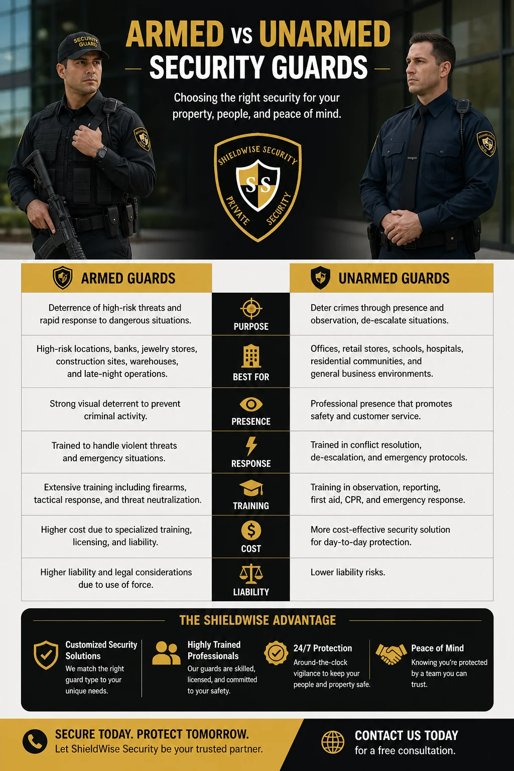 Armed vs Unarmed Security Guards comparison: purpose, best for, presence, response, training, cost, and liability