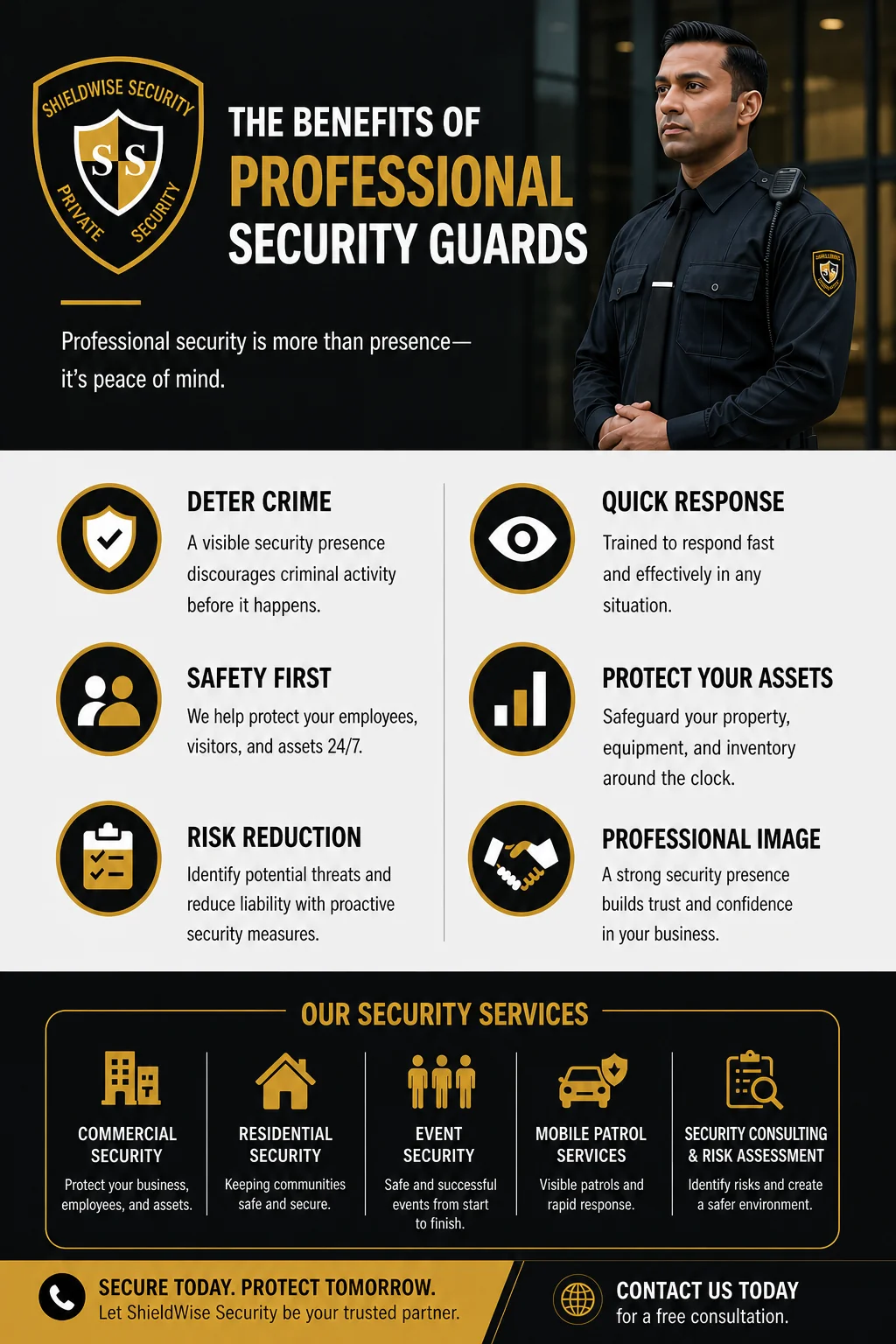 The benefits of professional security guards: deter crime, quick response, safety first, protect assets, risk reduction, professional image