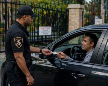 ShieldWise Security officer checking a visitor's identification at a gated community entrance