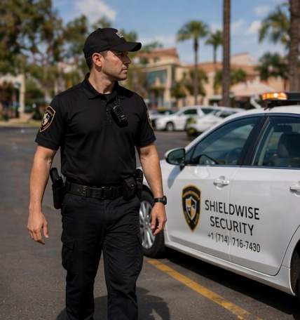 ShieldWise Security officer beside a marked patrol vehicle at a retail property