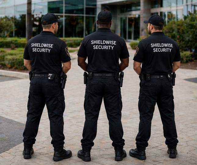 Three uniformed ShieldWise Security officers standing post outside a commercial building