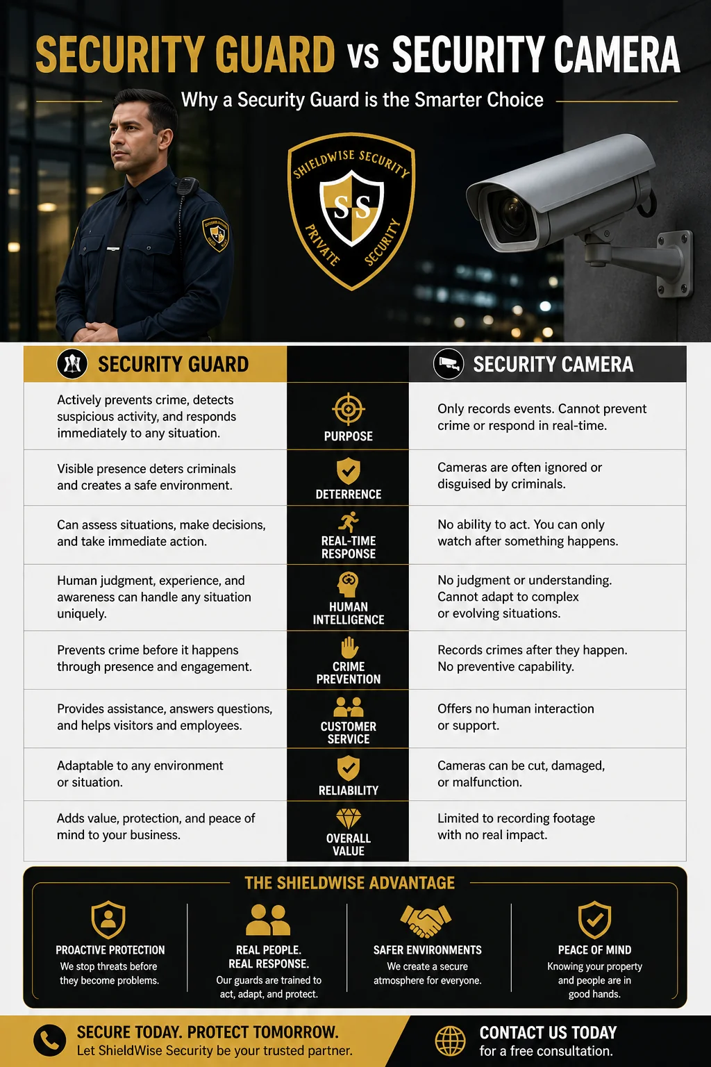Security Guard vs Security Camera comparison infographic showing why a security guard is the smarter choice
