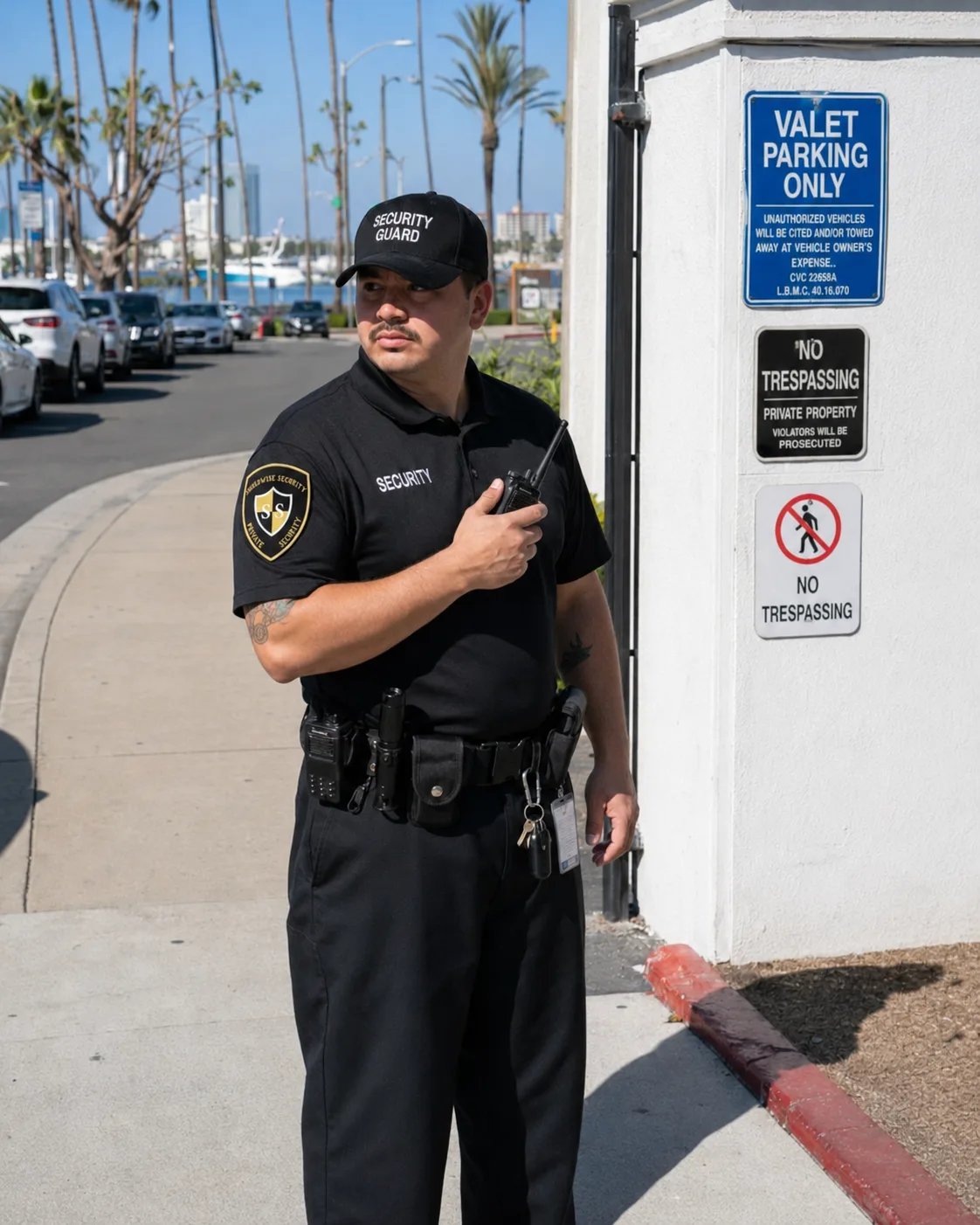 ShieldWise Security guard on duty at a Long Beach marina parking entrance wearing a black uniform and arm patch.